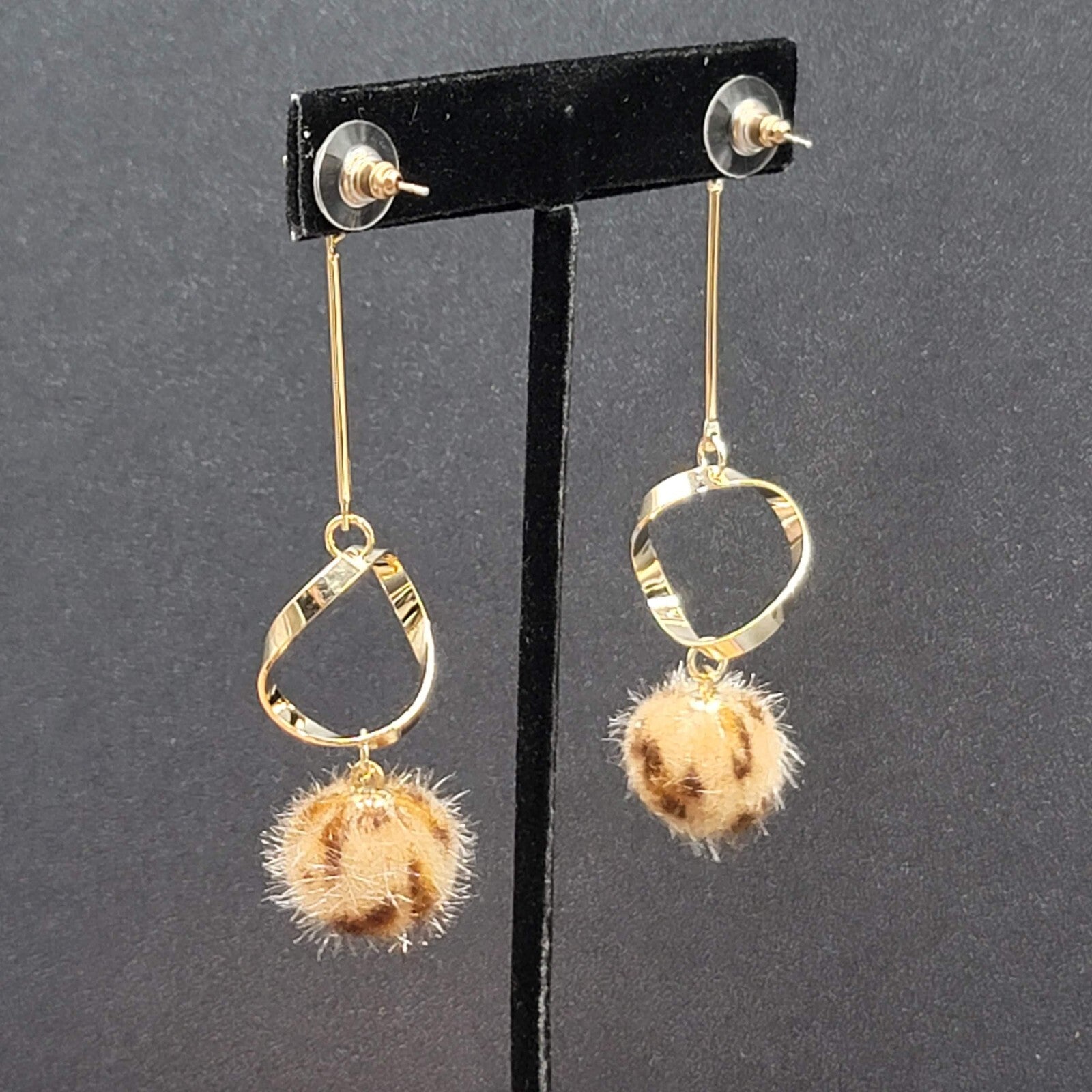 Pierced Earrings Gold tone Crystal Leopard Fuzz Ball Dangle 2.5"