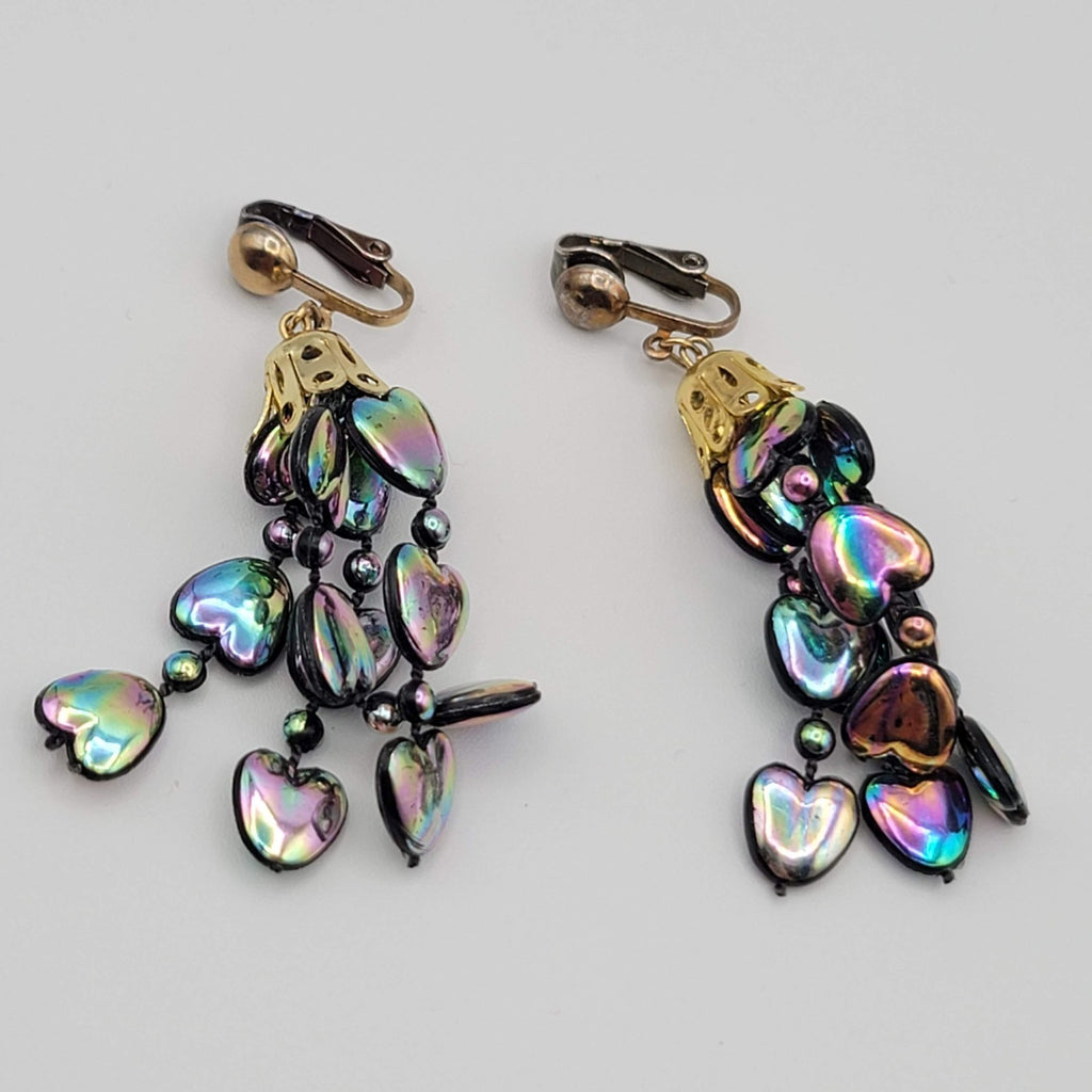 Vintage Rainbow Hearts Clip on Earrings Gold tone Dangle 2 in