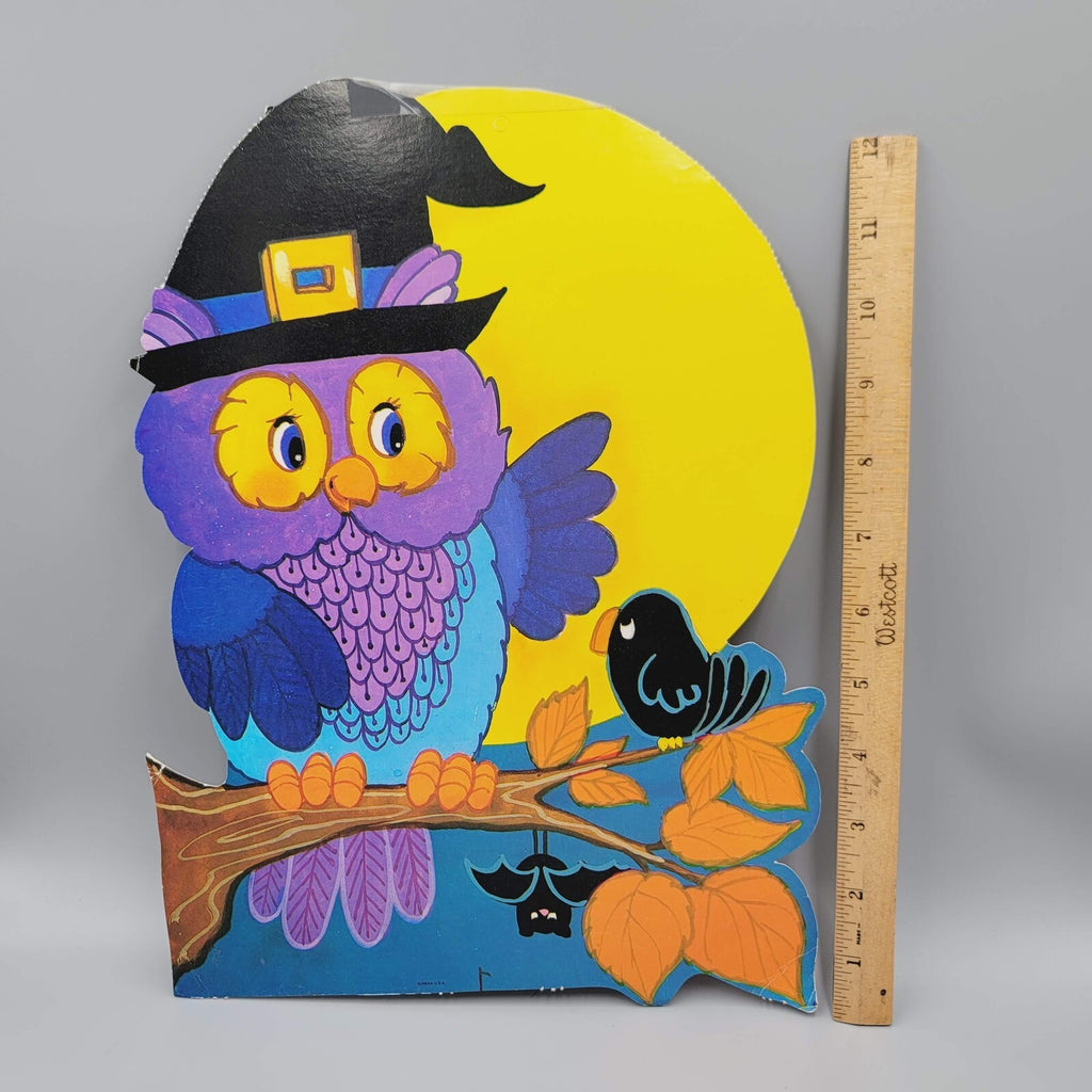 Vintage Purple Owl Crow Bat Die Cut Halloween Double Sided 12.5" x 9"