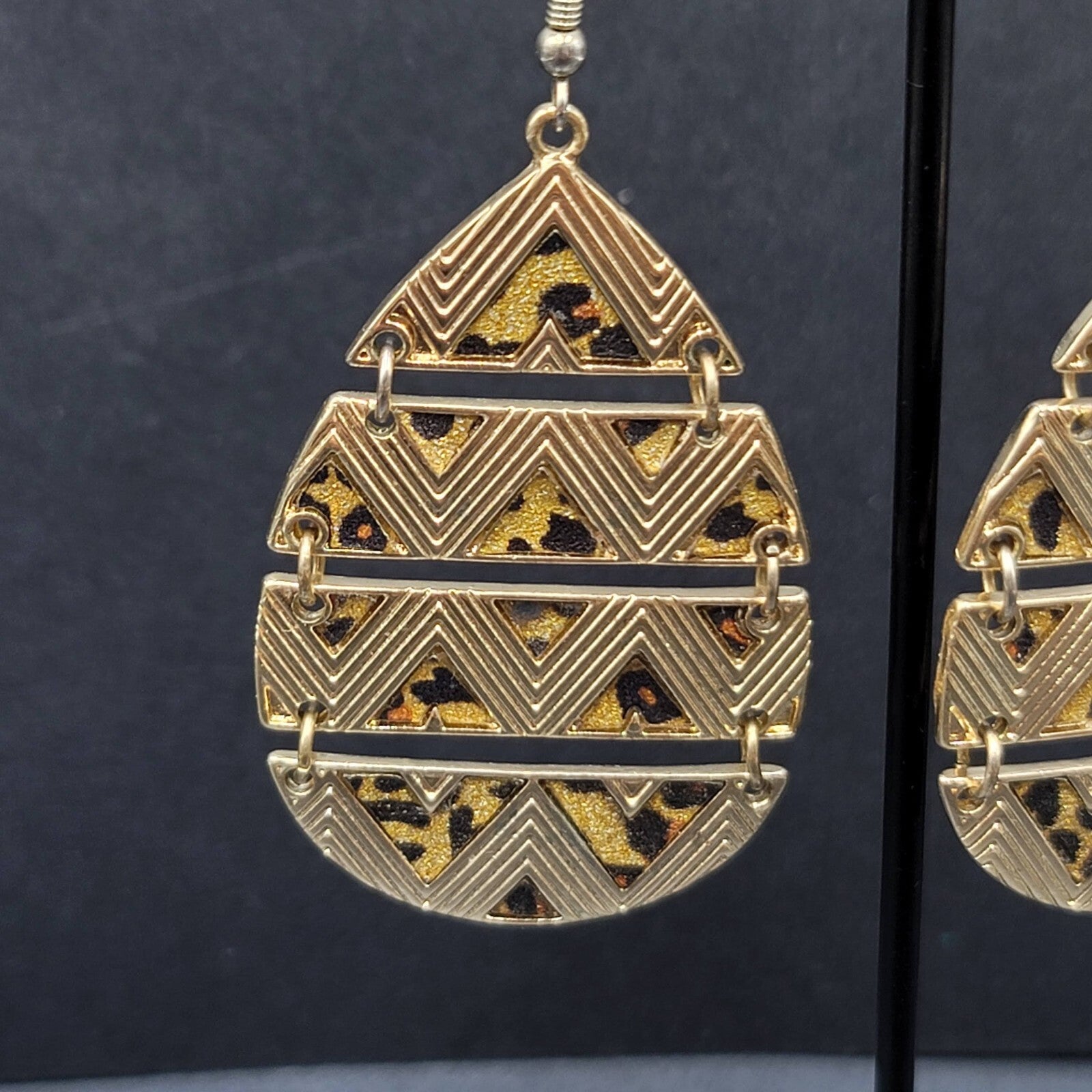 Pierced Earrings Gold tone Articulated Metal Teardrop Leopard Print Dangle 2"