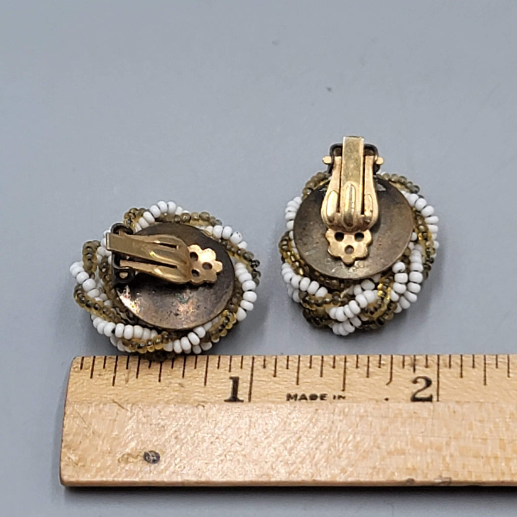 Vintage Green White Seed Bead Knot Clip on Earrings 7/8"