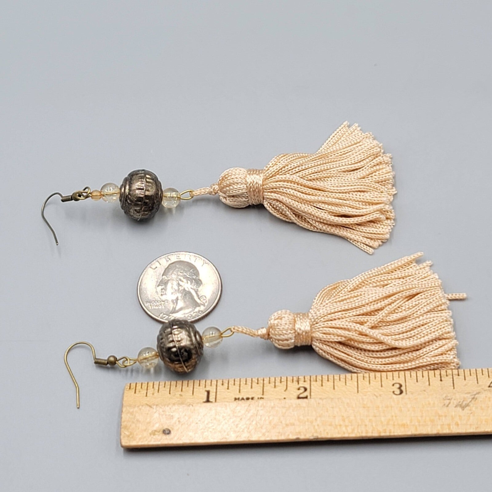 LONG Tassel Pierced Earrings Bronze tone Metal Beads Dangle 3.5"