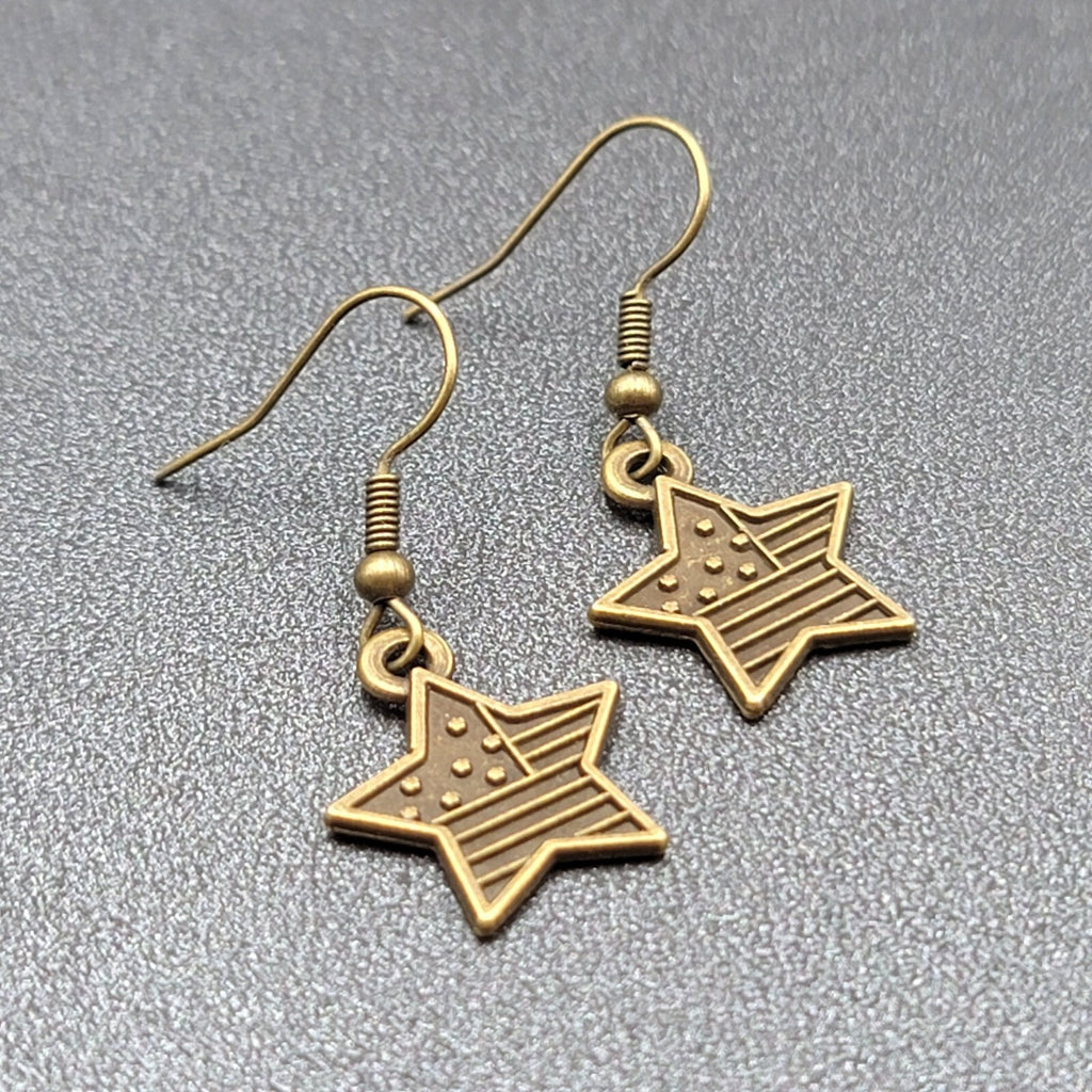 American Flag Pierced Earrings Bronze tone Stars Dangle 3/4"