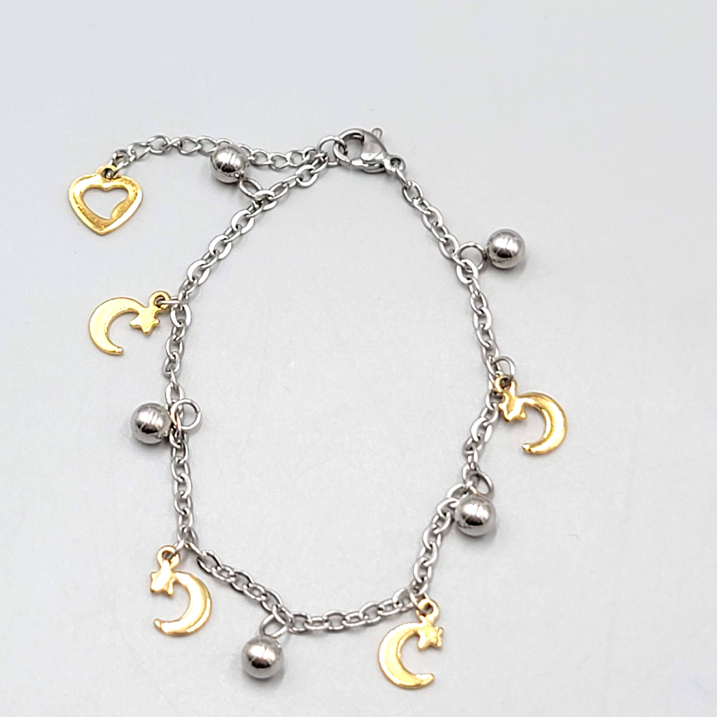 Moon Charm Bracelet Silver tone Chain Gold tone Charms 6.5" - 7.5" Adj