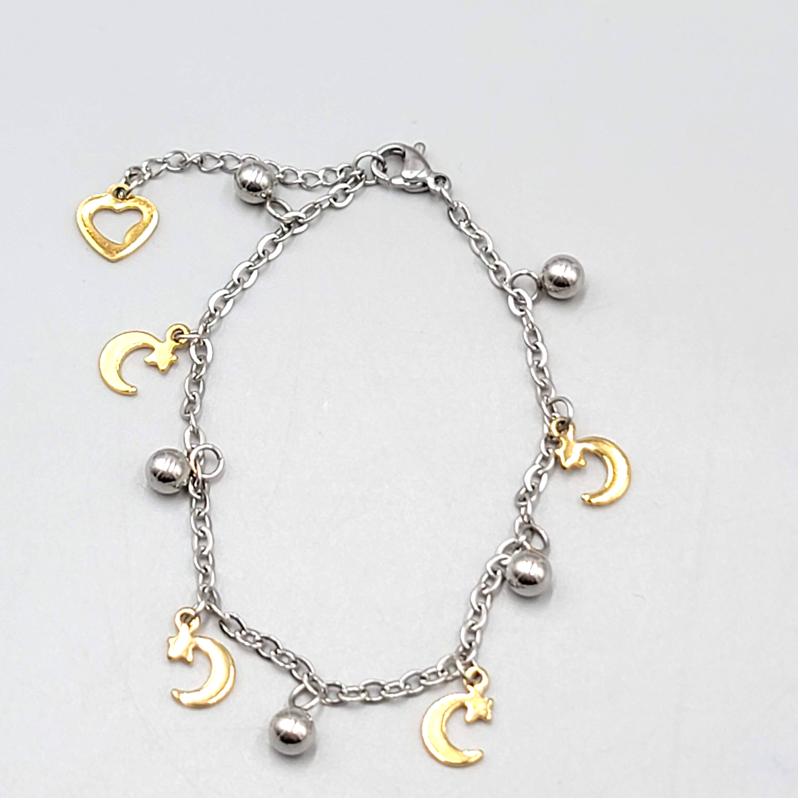 Moon Charm Bracelet Silver tone Chain Gold tone Charms 6.5" - 7.5" Adj
