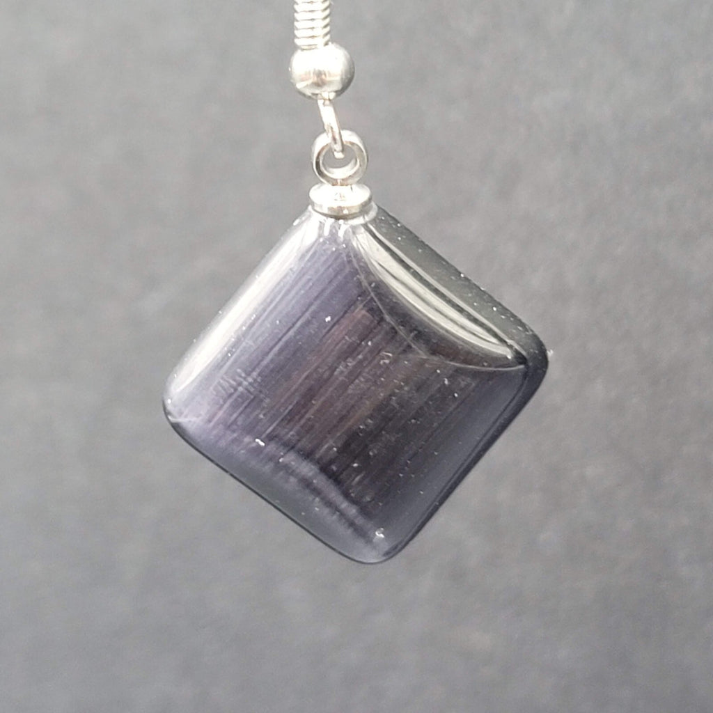 Pierced Earrings Purple Gray Stone Satin Finish Dangle Square Silver tone 3/4"
