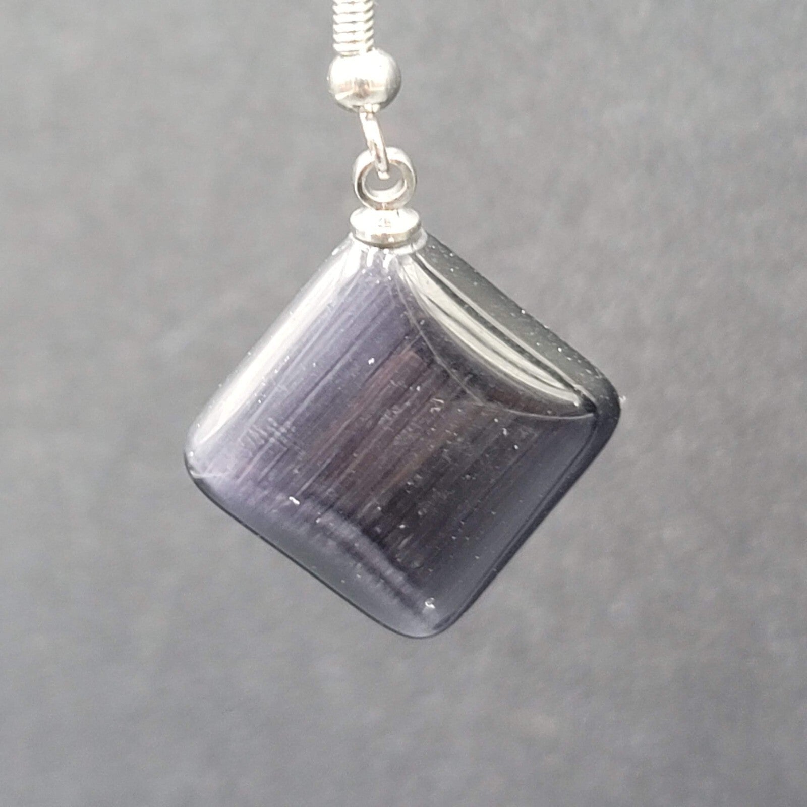 Pierced Earrings Purple Gray Stone Satin Finish Dangle Square Silver tone 3/4"