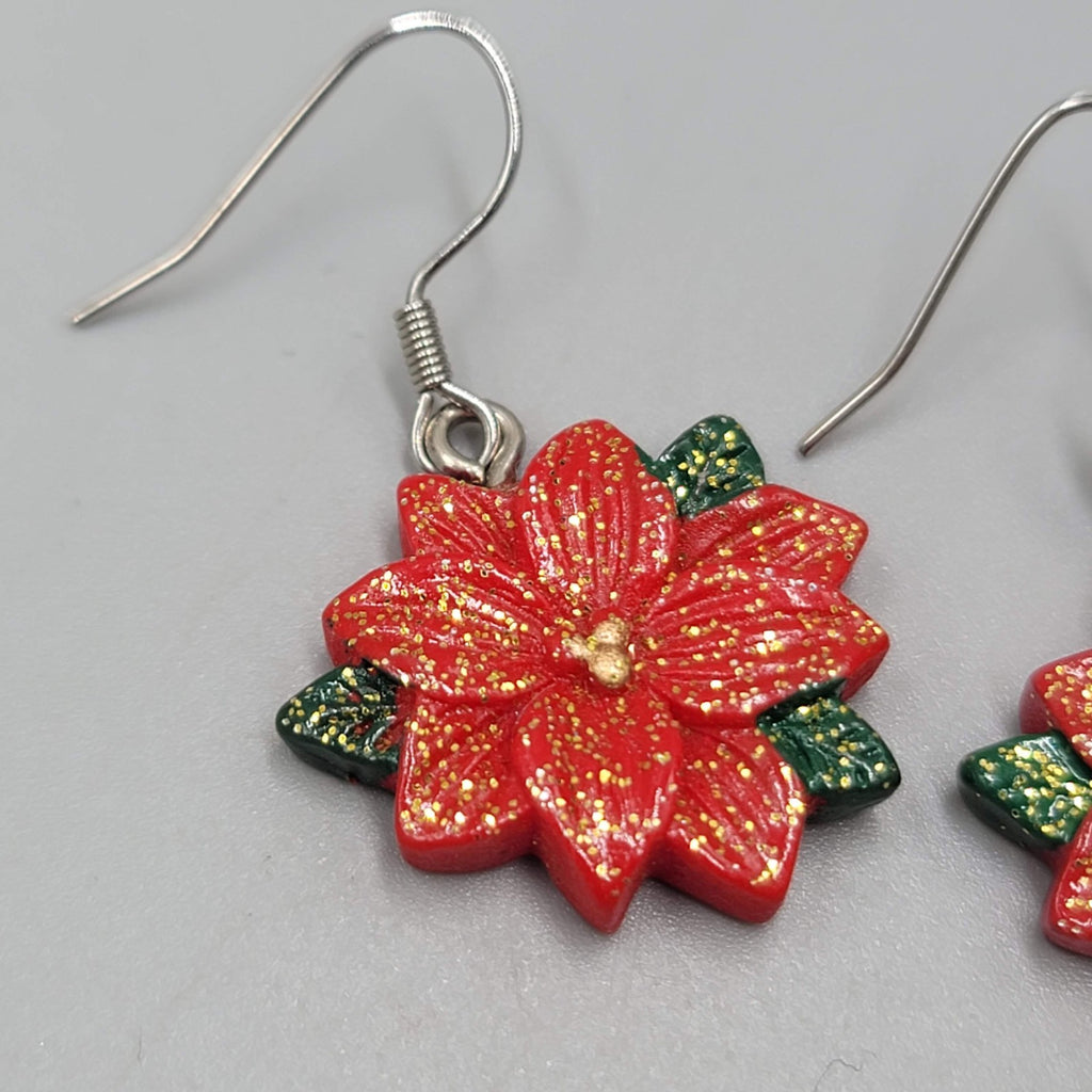 Glitter Poinsettia Flower Pierced Earrings Silver tone Dangle  7/8"