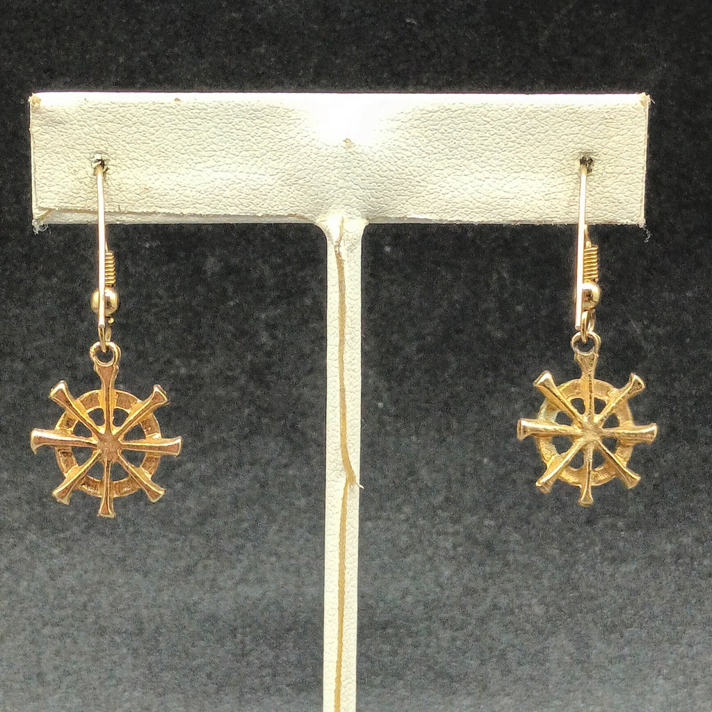 Pierced Earrings Gold tone Ship Wheel Nautical Theme Dangle 3/4"