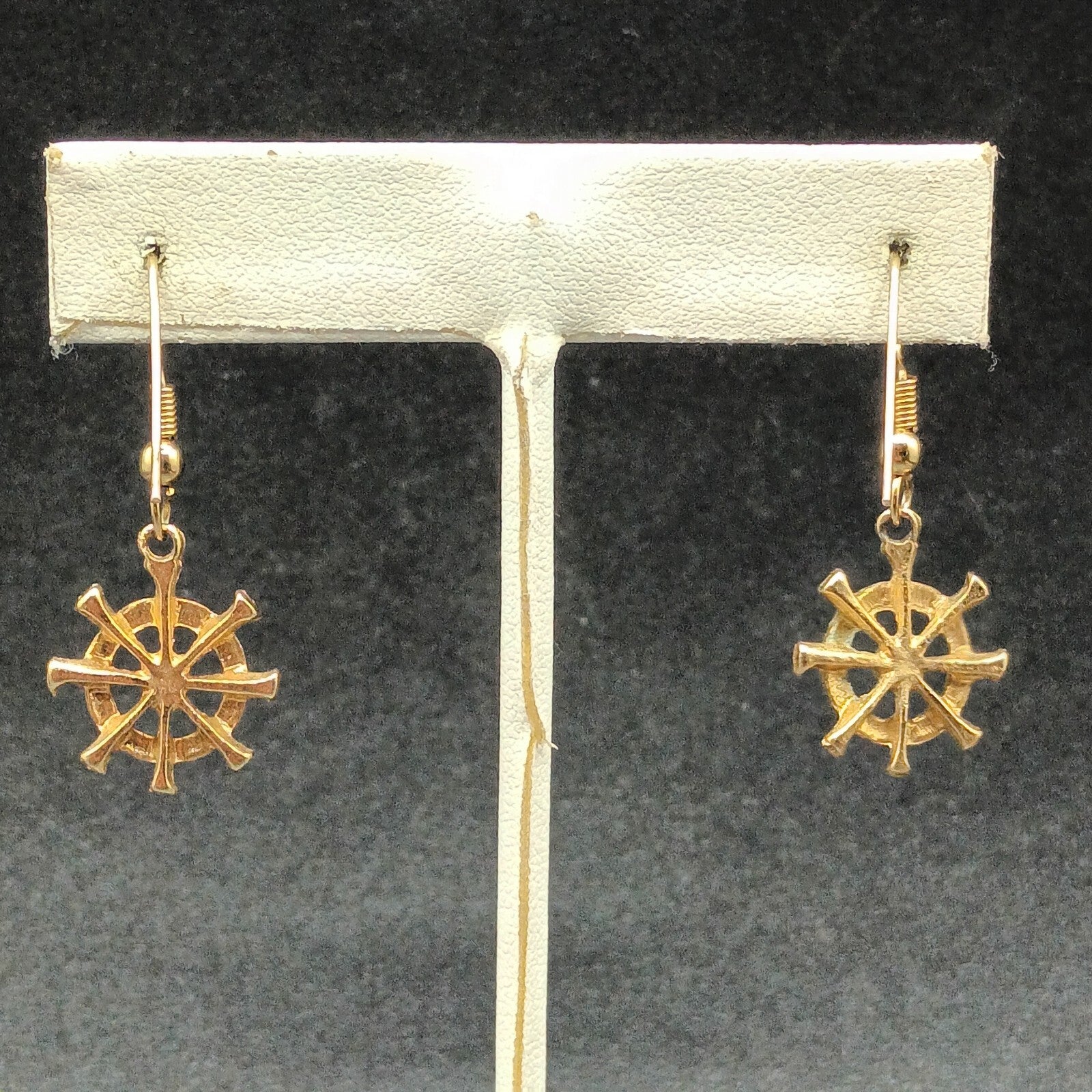 Pierced Earrings Gold tone Ship Wheel Nautical Theme Dangle 3/4"