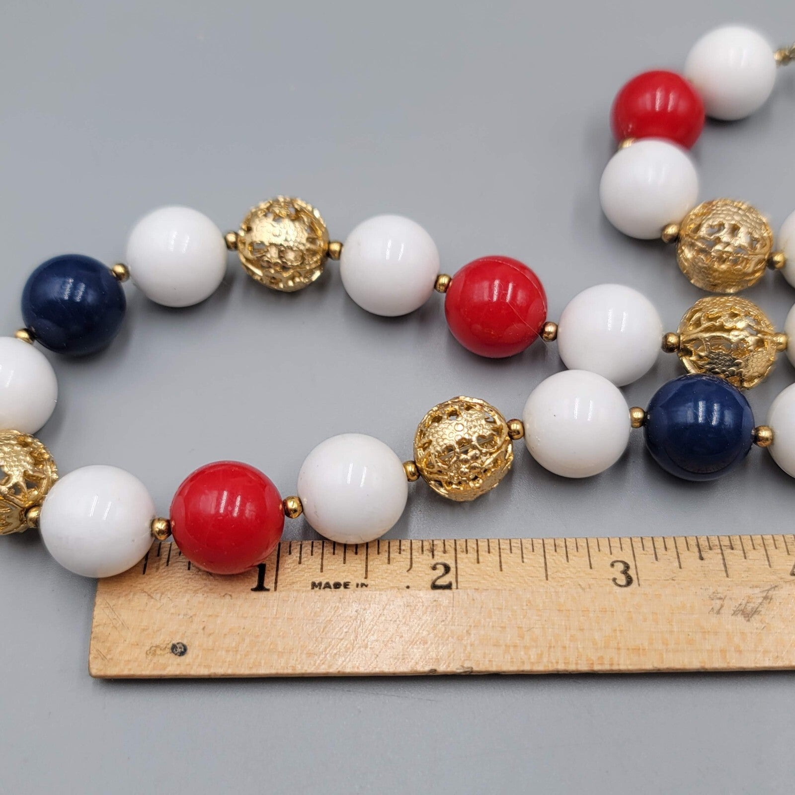 Vintage Necklace Red White Blue Gold tone Filigree Beads 30"