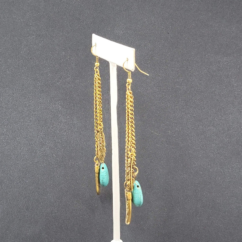 Pierced Earrings Large Gold tone Multi Chain Charms Beaded Statement 4"