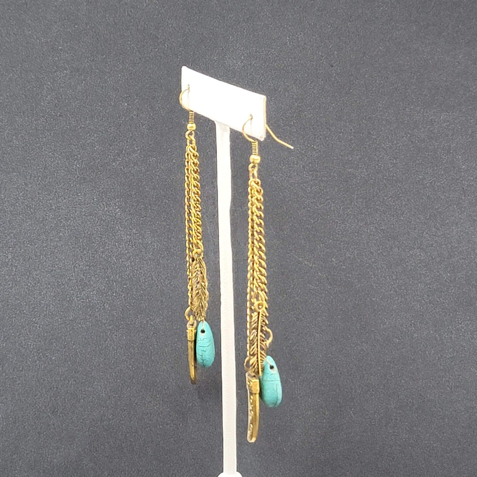 Pierced Earrings Large Gold tone Multi Chain Charms Beaded Statement 4"