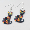 Black Kitty Cat Pierced Earrings Stained Glass Look Acrylic Dangle 1 3/8"