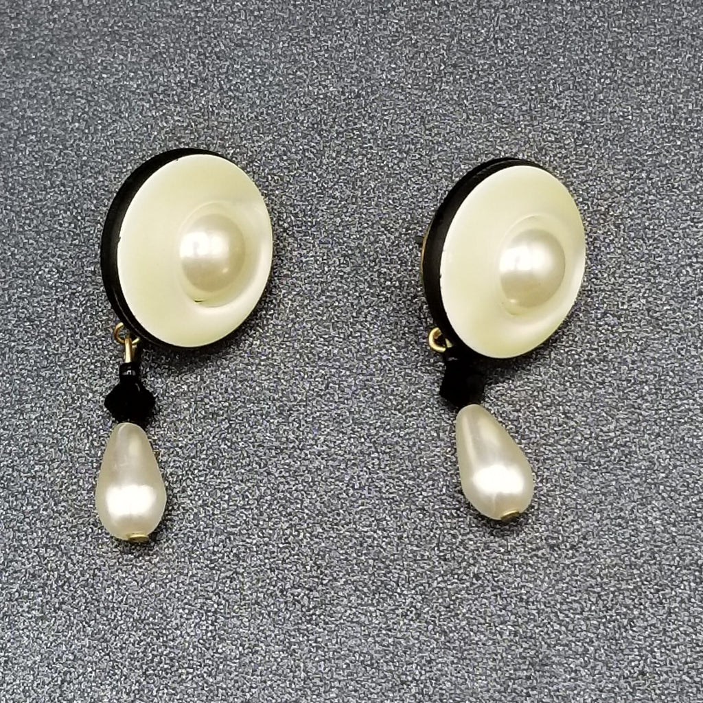 Pierced Earrings Gold tone Mother of Pearl Bead Button Style Dangle 1 5/8"