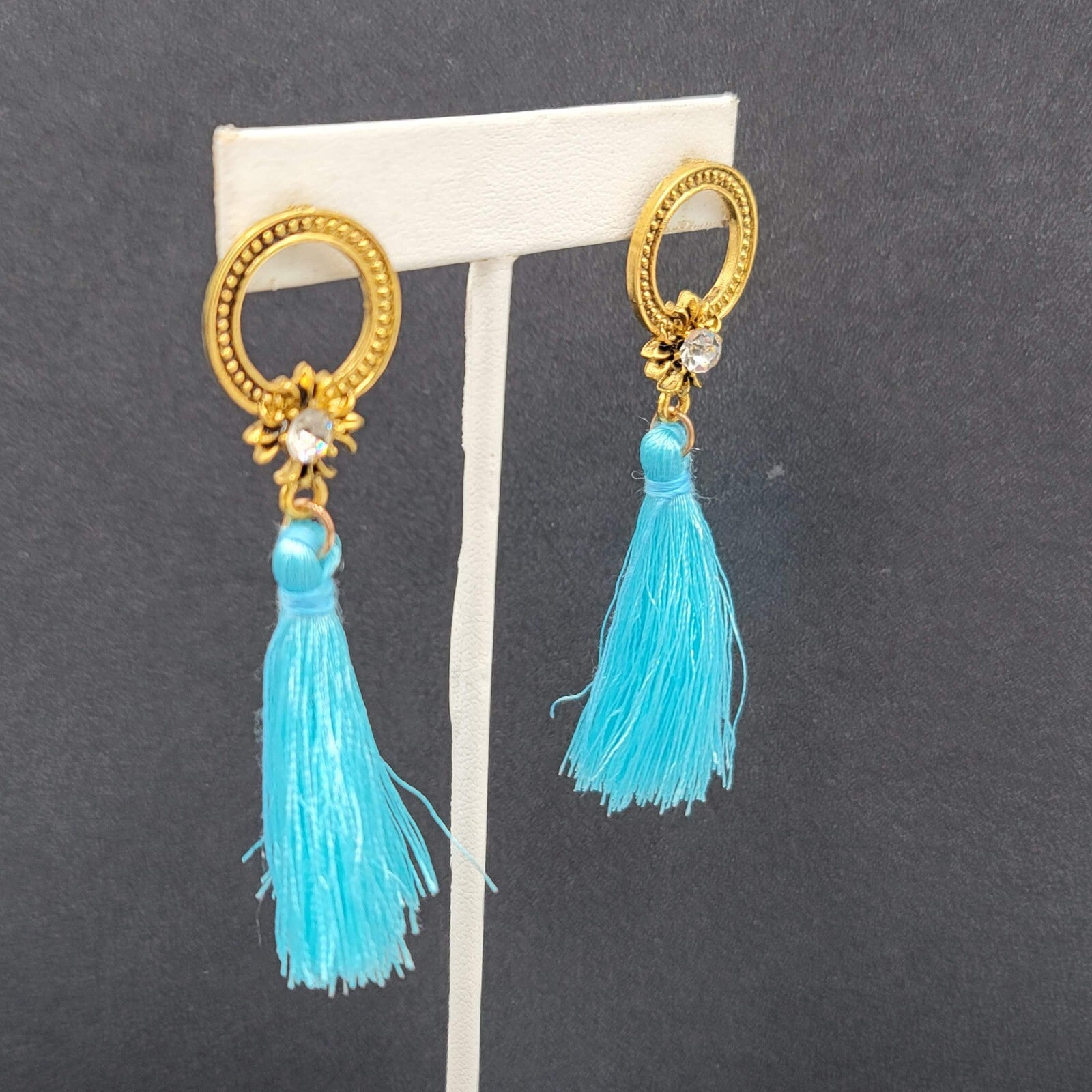 Pierced Earrings Gold tone Blue Tassel Rhinestone Statement Dangle 2.5"