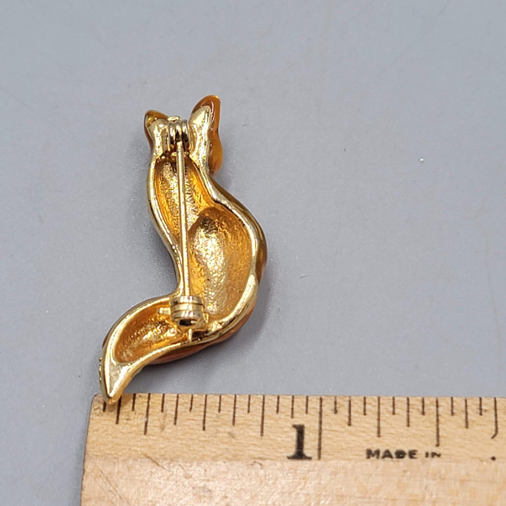 Fox Enamel Brooch Rhinestone Forest Friend Animal Gold tone  1.5"