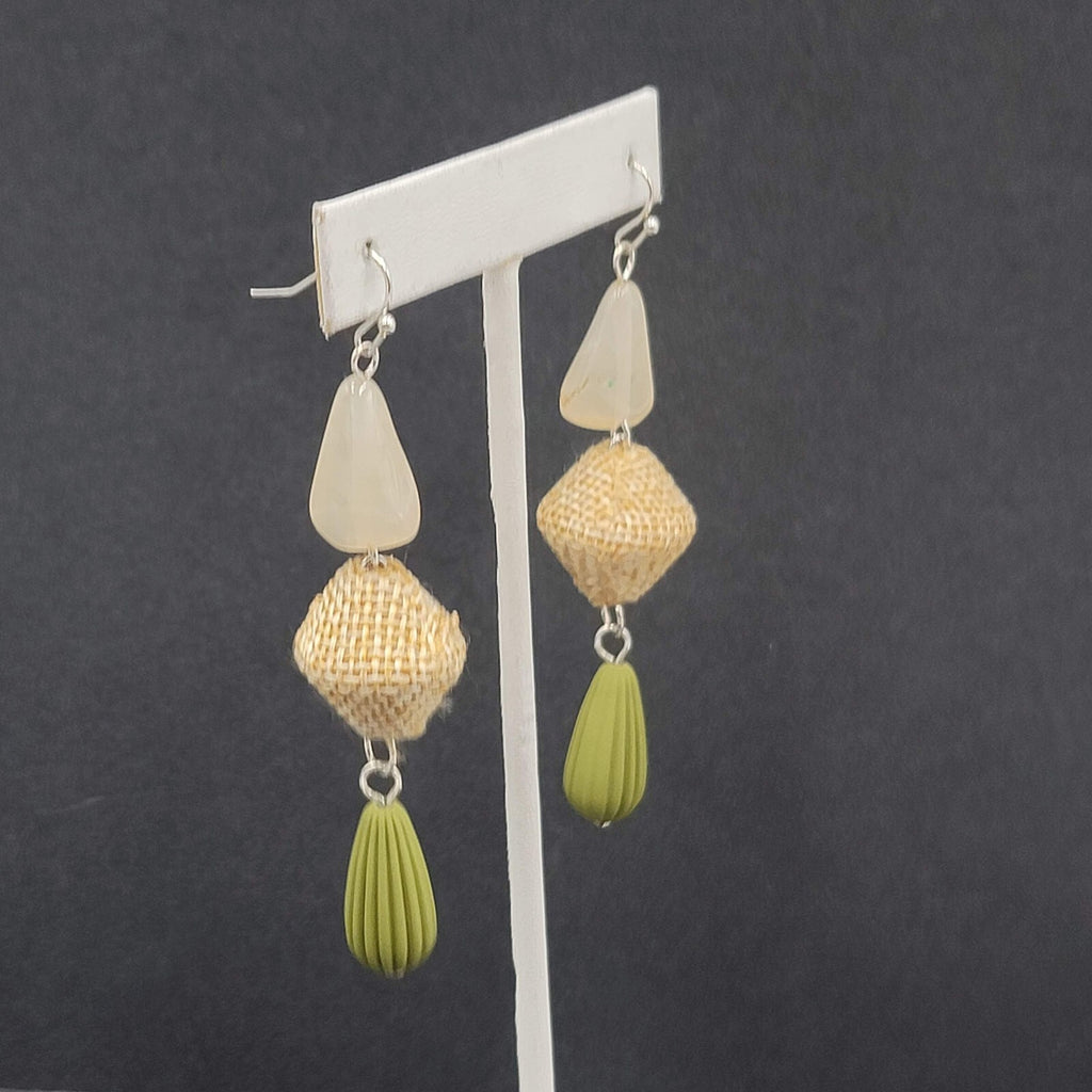 Boho Pierced Earrings Silver tone Acrylic Bead Canvas Dangle 3"