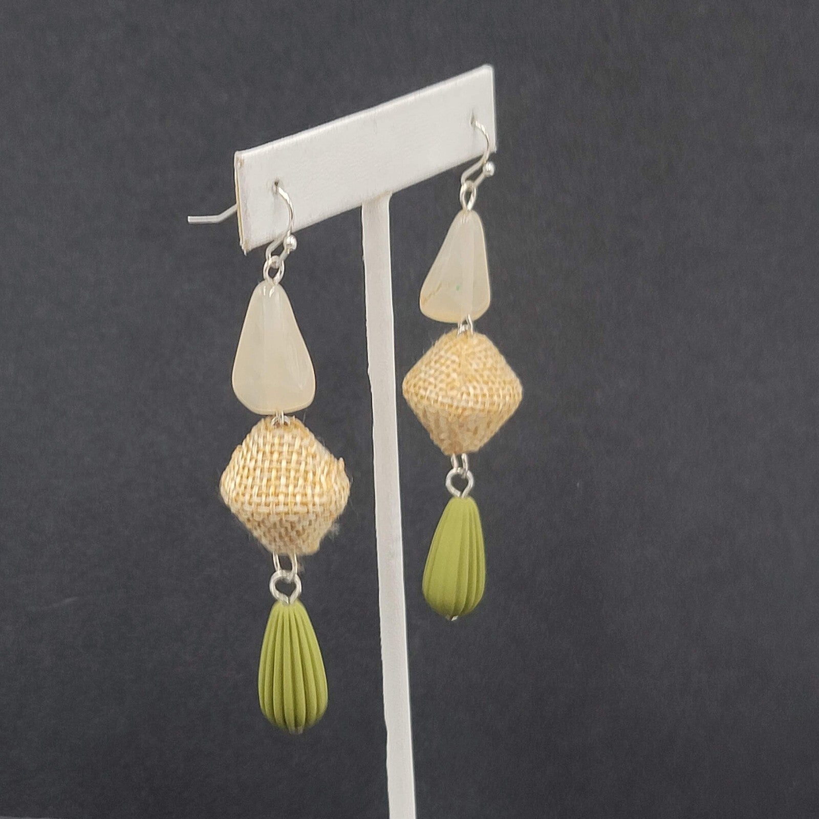 Boho Pierced Earrings Silver tone Acrylic Bead Canvas Dangle 3"