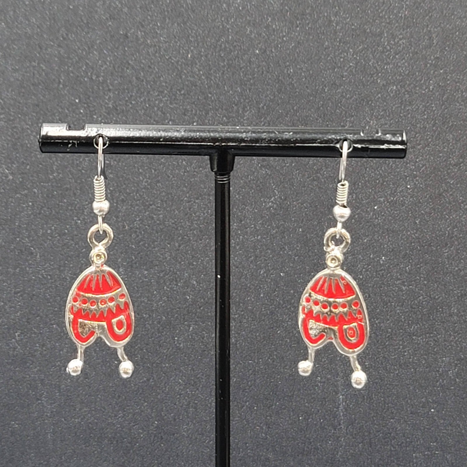 Pierced Earrings Silver tone Red Enamel Winter Hat Dangle 1 1/8"