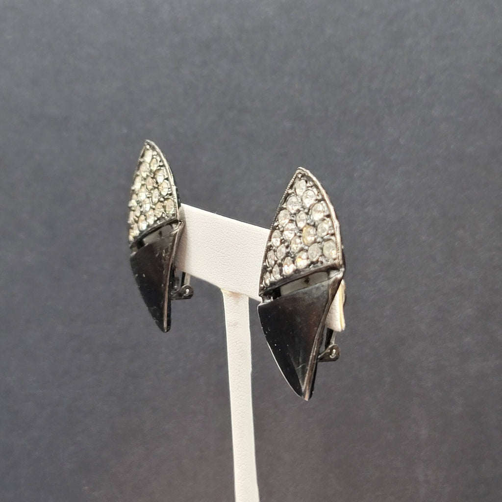 Vintage Clip on Earrings Black Metal Clear Rhinestones 1.5"