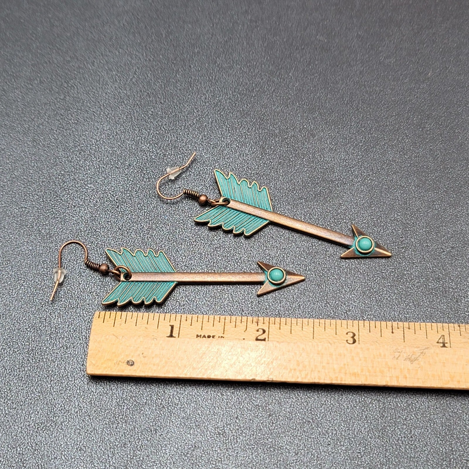 New Boho Pierced Earrings Copper tone Green Enamel Arrow Dangle 2.25"