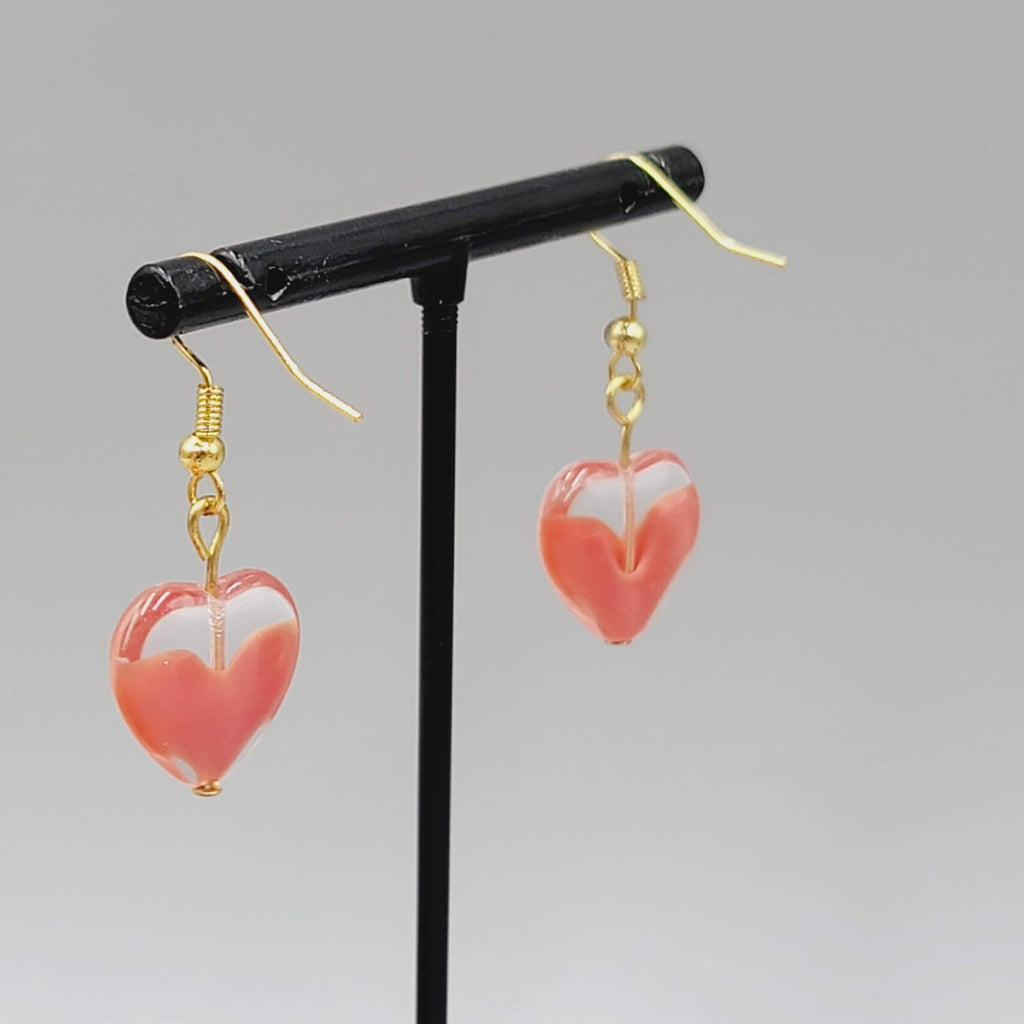 Glass Heart Bead Pierced Earrings Gold tone Dangle 3/4"