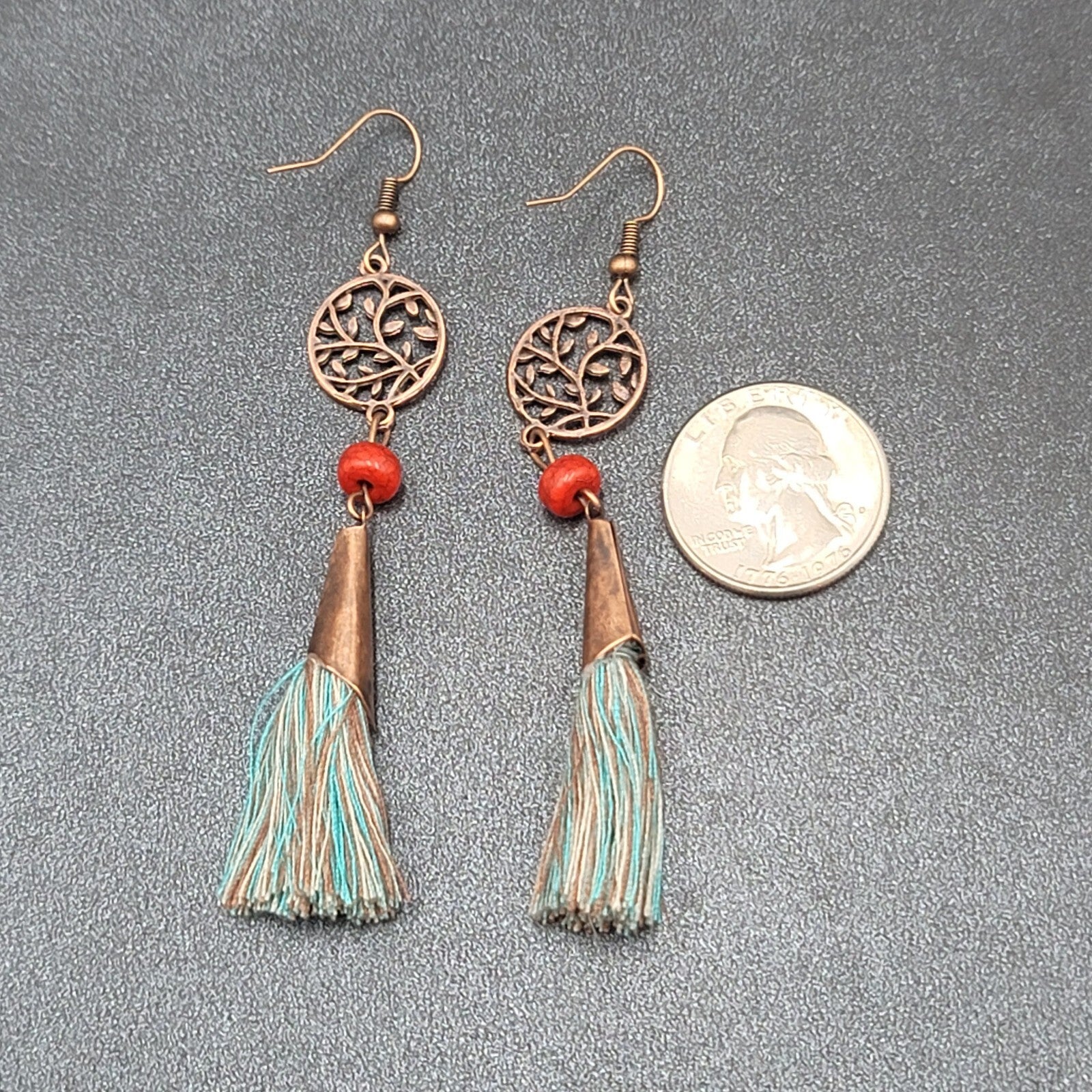 Pierced Earrings Copper tone Round Open Work Tassel Beaded Dangle 3"