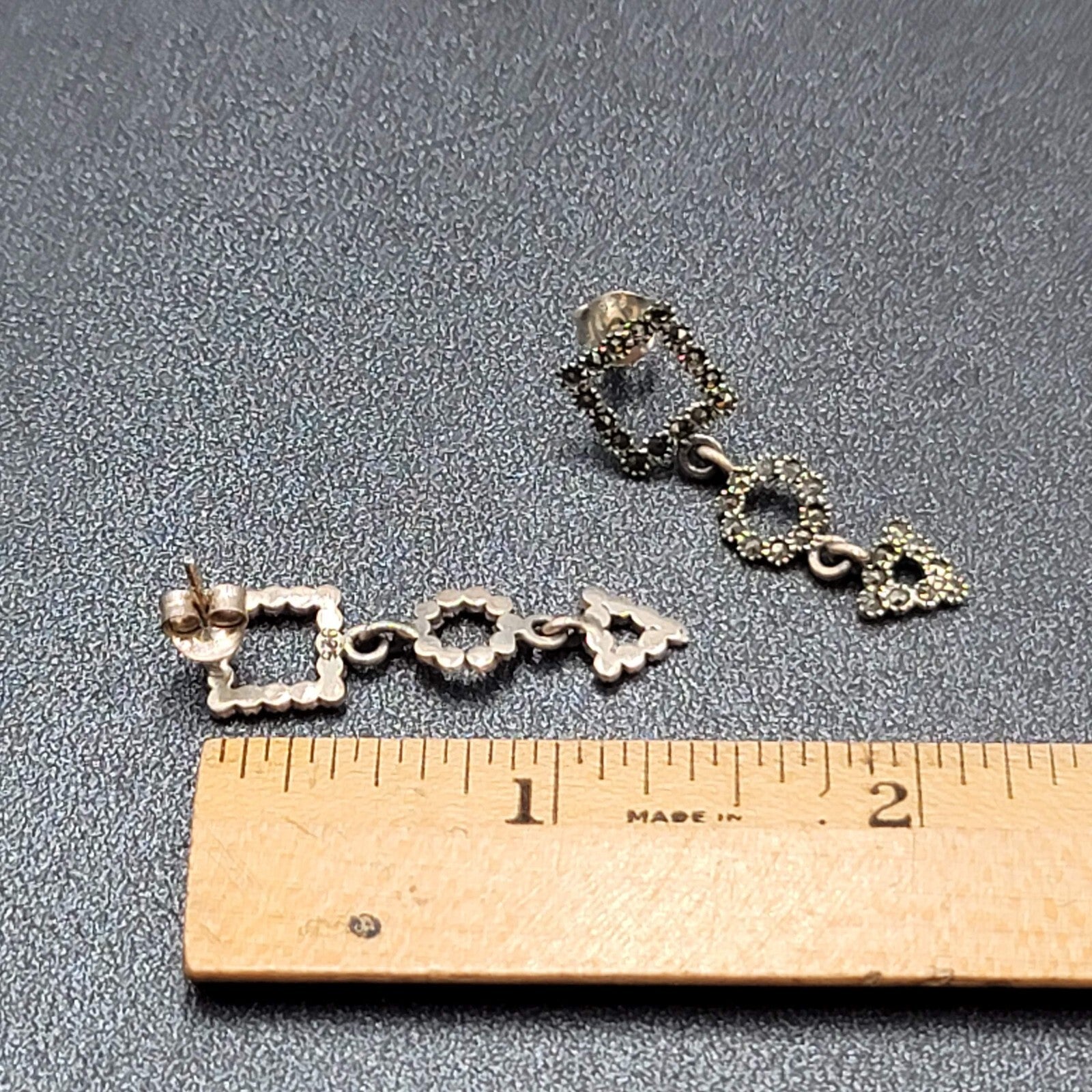 Sterling Silver Pierced Earrings Marcasite Geometric Dangle 1 3/8"