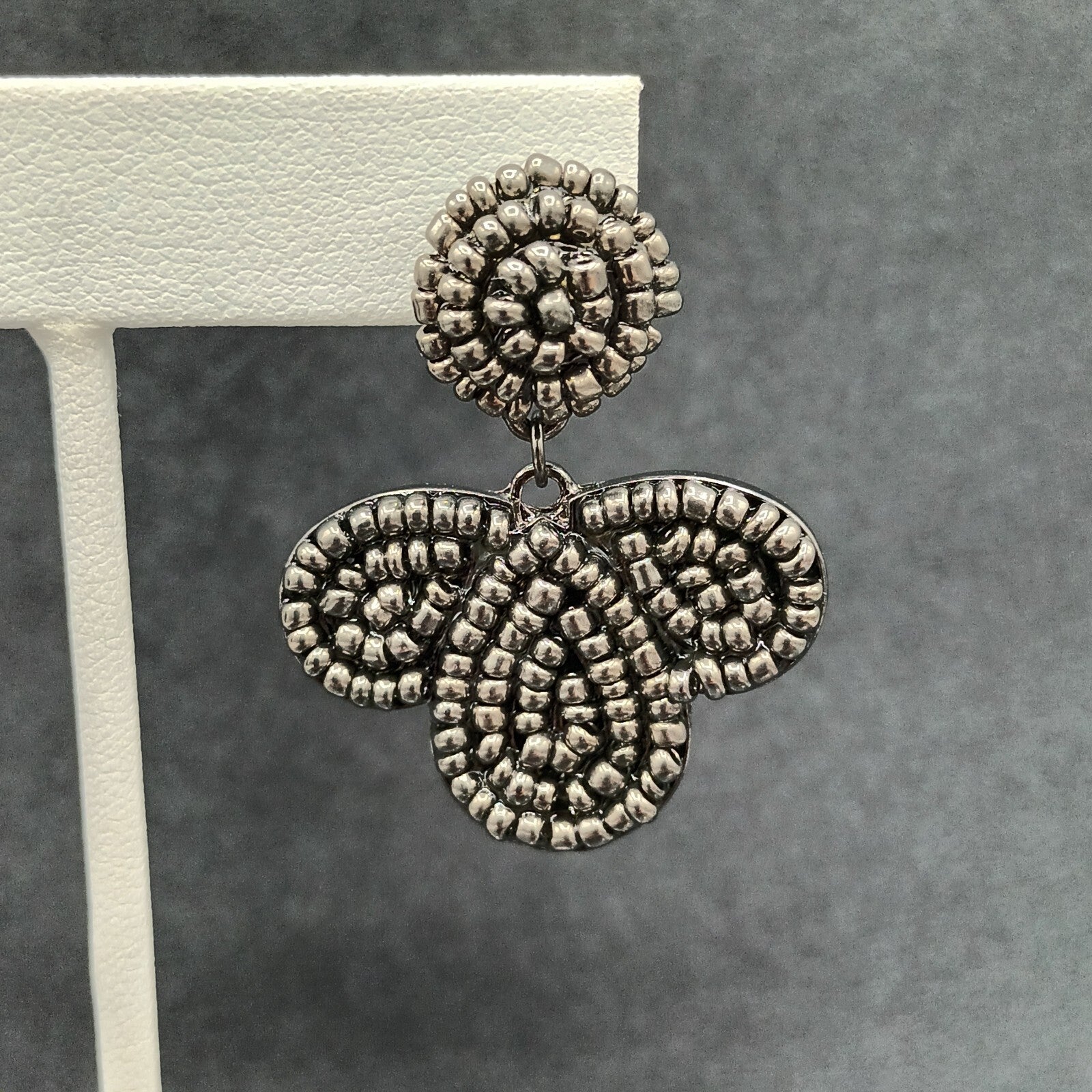 Vintage Pierced Earrings Black Metal Molded Beaded  Dangle 1 5/8"