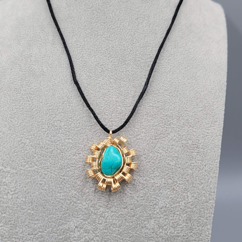 Handmade Wire Wrapped Gold tone Blue Howlite Black Cord 20"