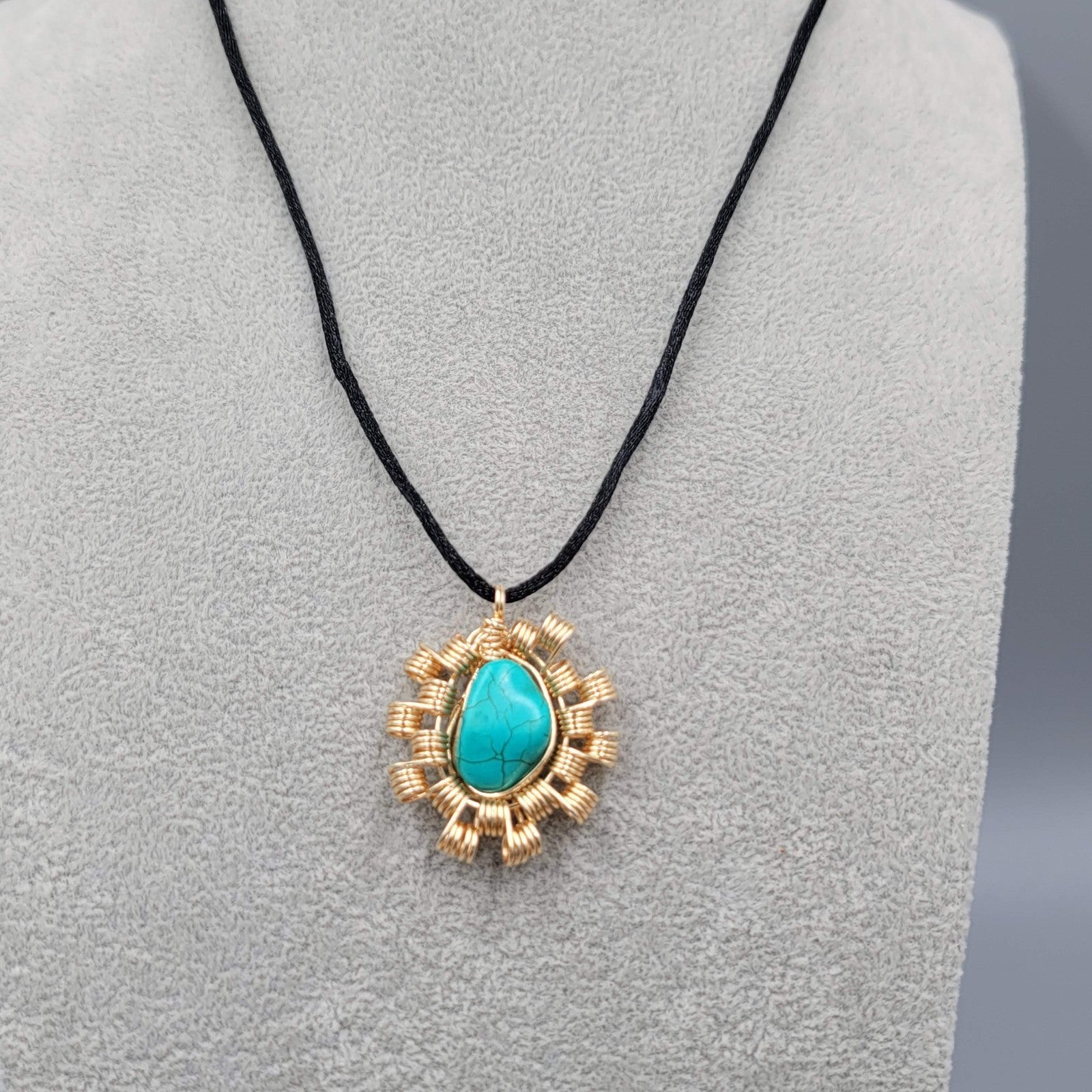 Handmade Wire Wrapped Gold tone Blue Howlite Black Cord 20"