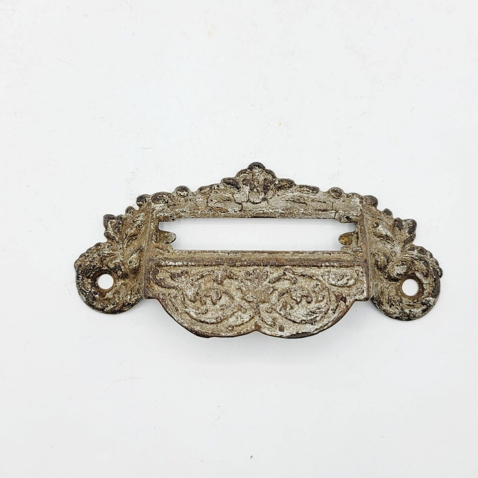 Vintage SINGLE Bin Pull Drawer Ornate Label Slot Hardware Reclaimed 4"