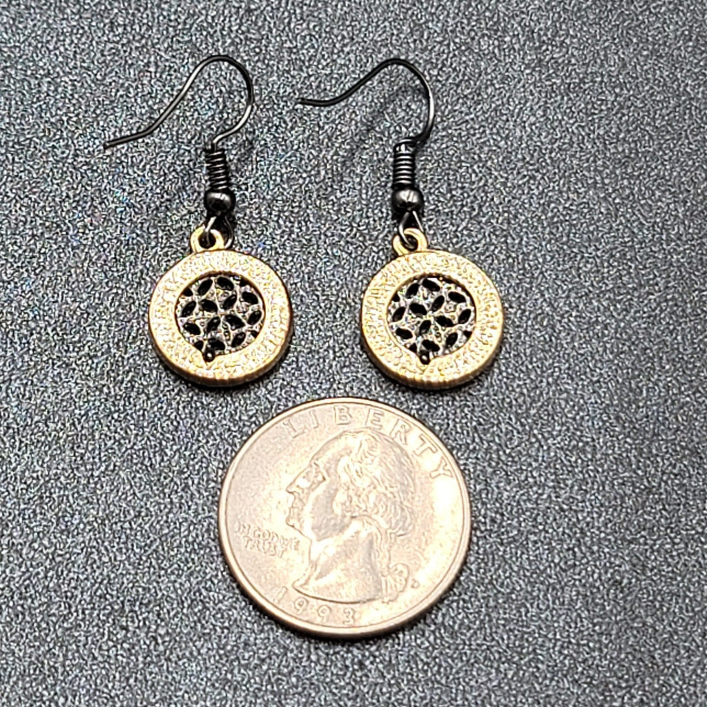 Pierced Earrings Black Metal Gold tone Crystal Round Open Work Dangle 5/8"