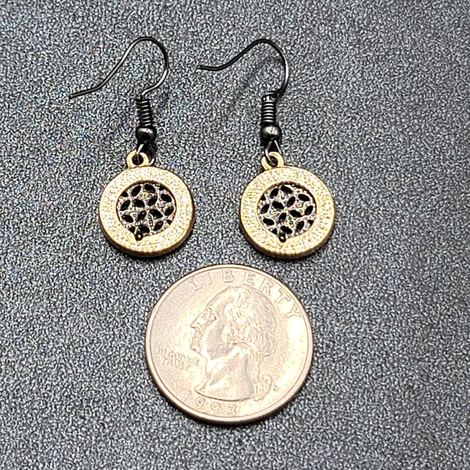 Pierced Earrings Black Metal Gold tone Crystal Round Open Work Dangle 5/8"