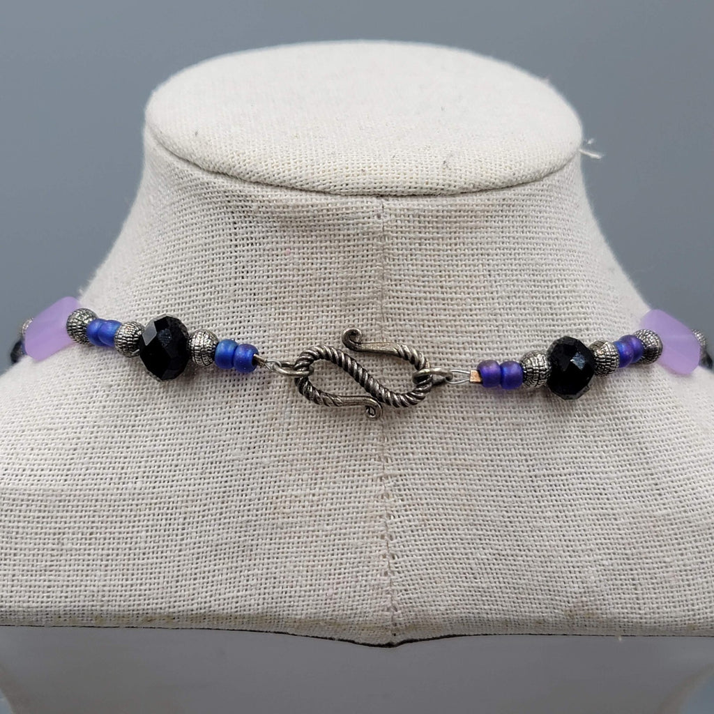 Purple Bead Pendant NecklaceSilver tone Black Beads  22"
