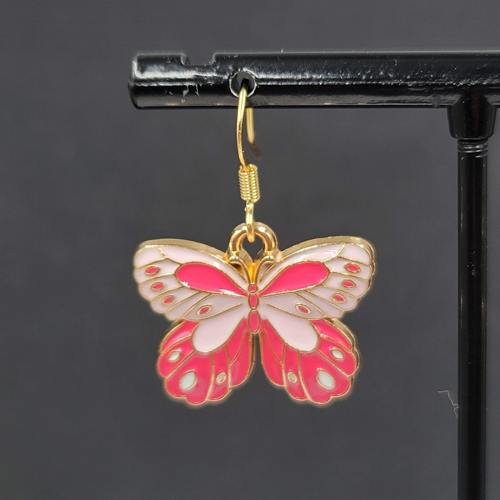 Moth Pink Enamel Pierced Earrings Gold tone Dangle Butterfly 3/4"