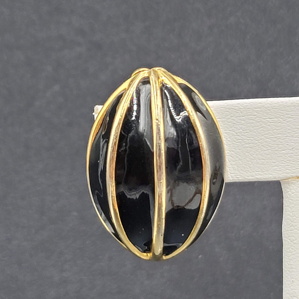 Vintage Clip on Earrings Gold Plated Black Enamel Drop Statement 1.25"