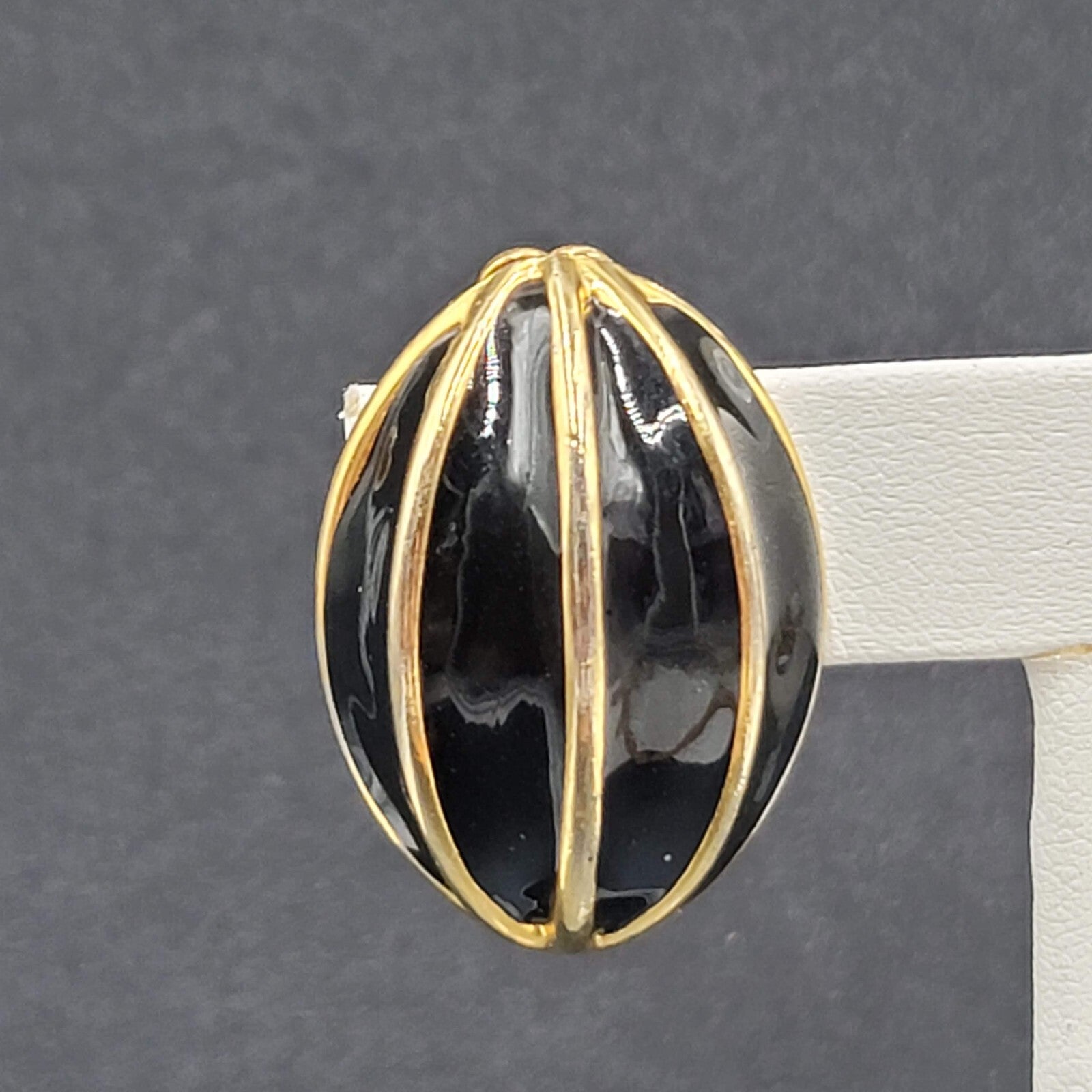 Vintage Clip on Earrings Gold Plated Black Enamel Drop Statement 1.25"
