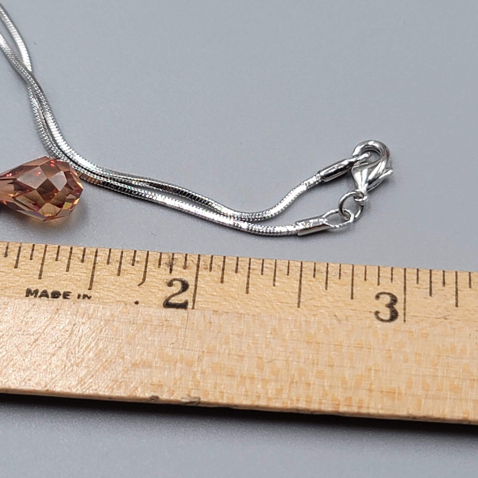 Orange Crystal Teardrop Pendant Necklace Silver tone Snake Chain 15"
