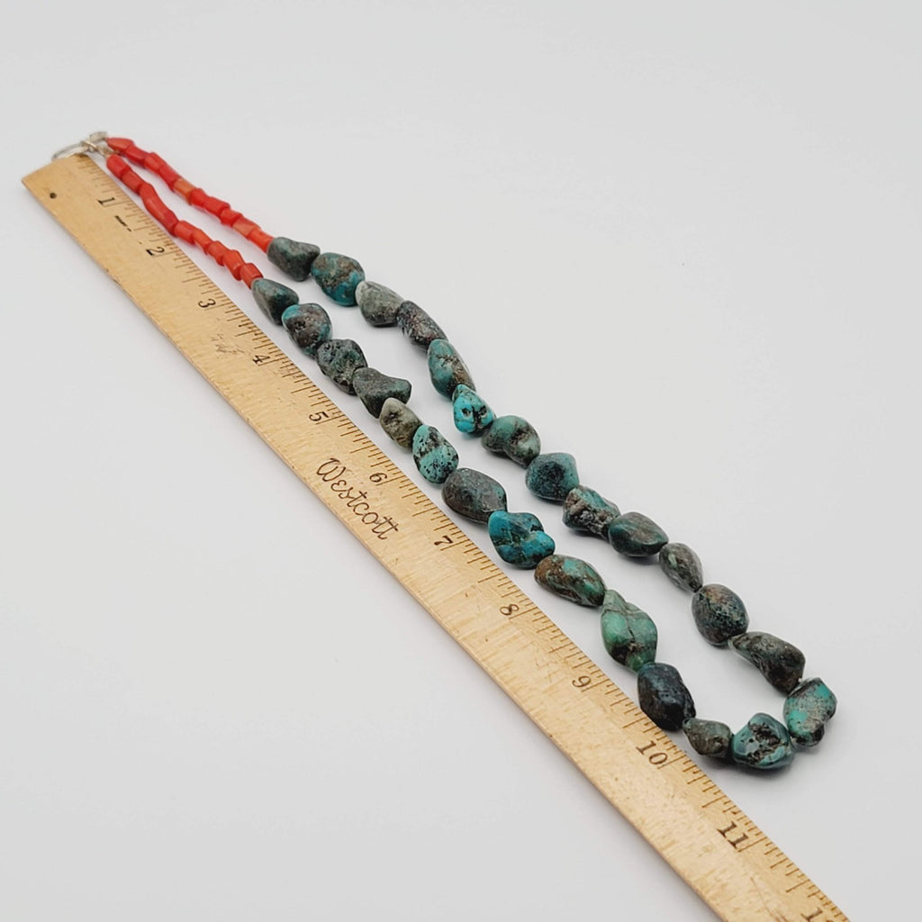 Native American Turquoise Nugget Necklace Coral Bead Matching Earrings 22 in
