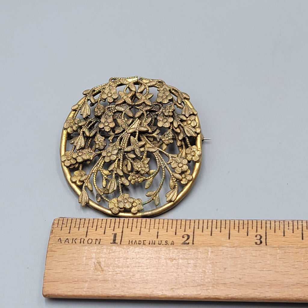 Vintage Antique Filigree Flower Brooch Gold tone 2.25 in