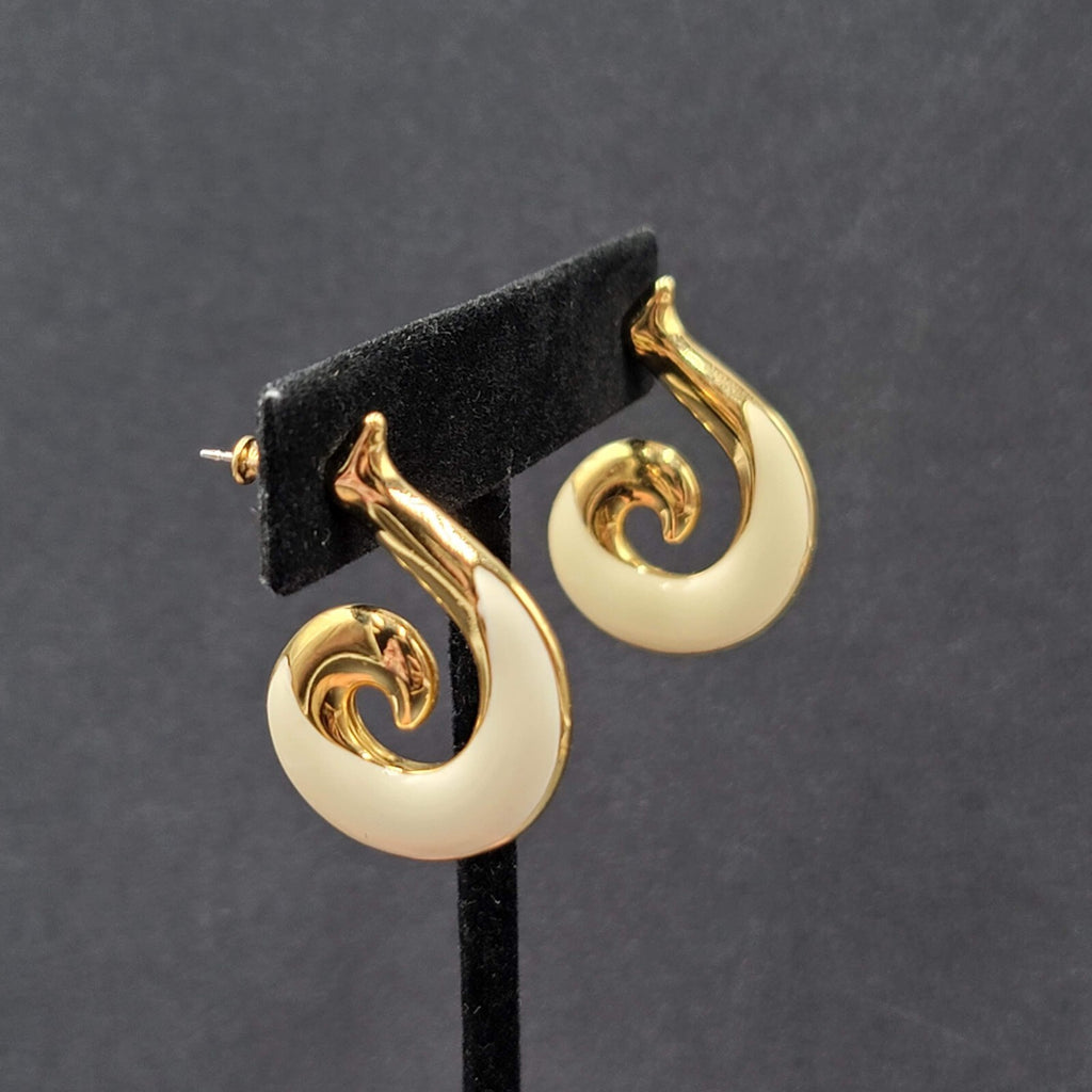 Vintage MONET Pierced Earrings Gold Plated White Enamel Swirl Drop  1.25"