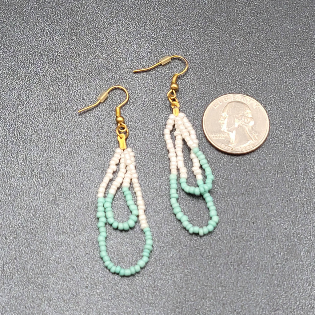 Pierced Earrings White Mint Green Seed Bead Dangle Loops 2.25"