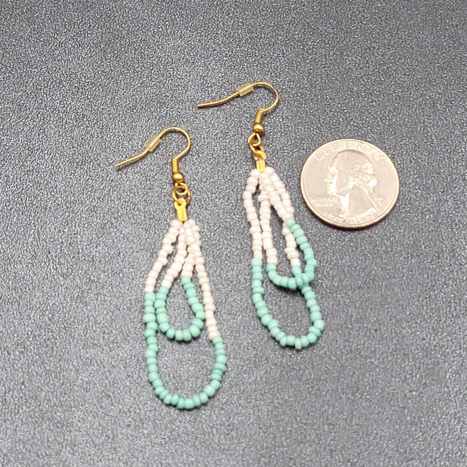 Pierced Earrings White Mint Green Seed Bead Dangle Loops 2.25"