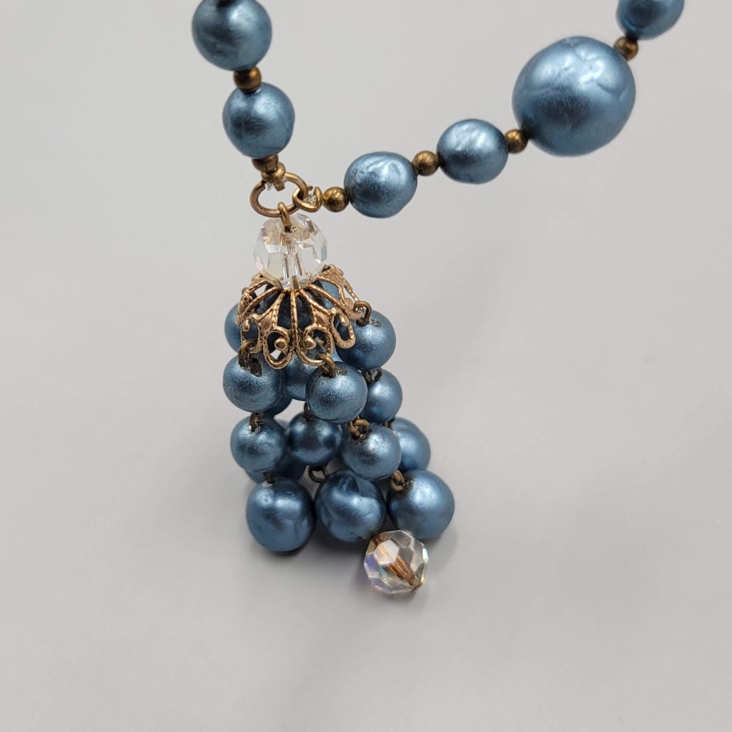 Vintage Faux Pearl Bead Necklace 24" Crystal Aurora Borealis Dangle Gold Tone