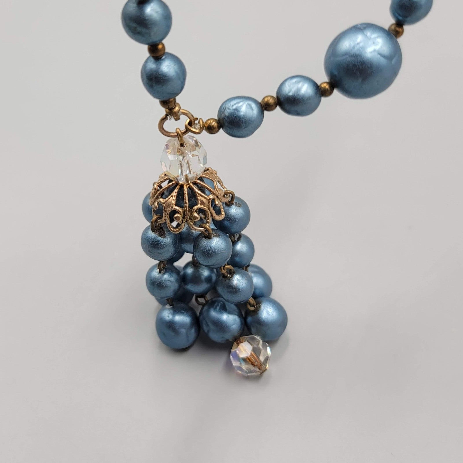 Vintage Faux Pearl Bead Necklace 24" Crystal Aurora Borealis Dangle Gold Tone