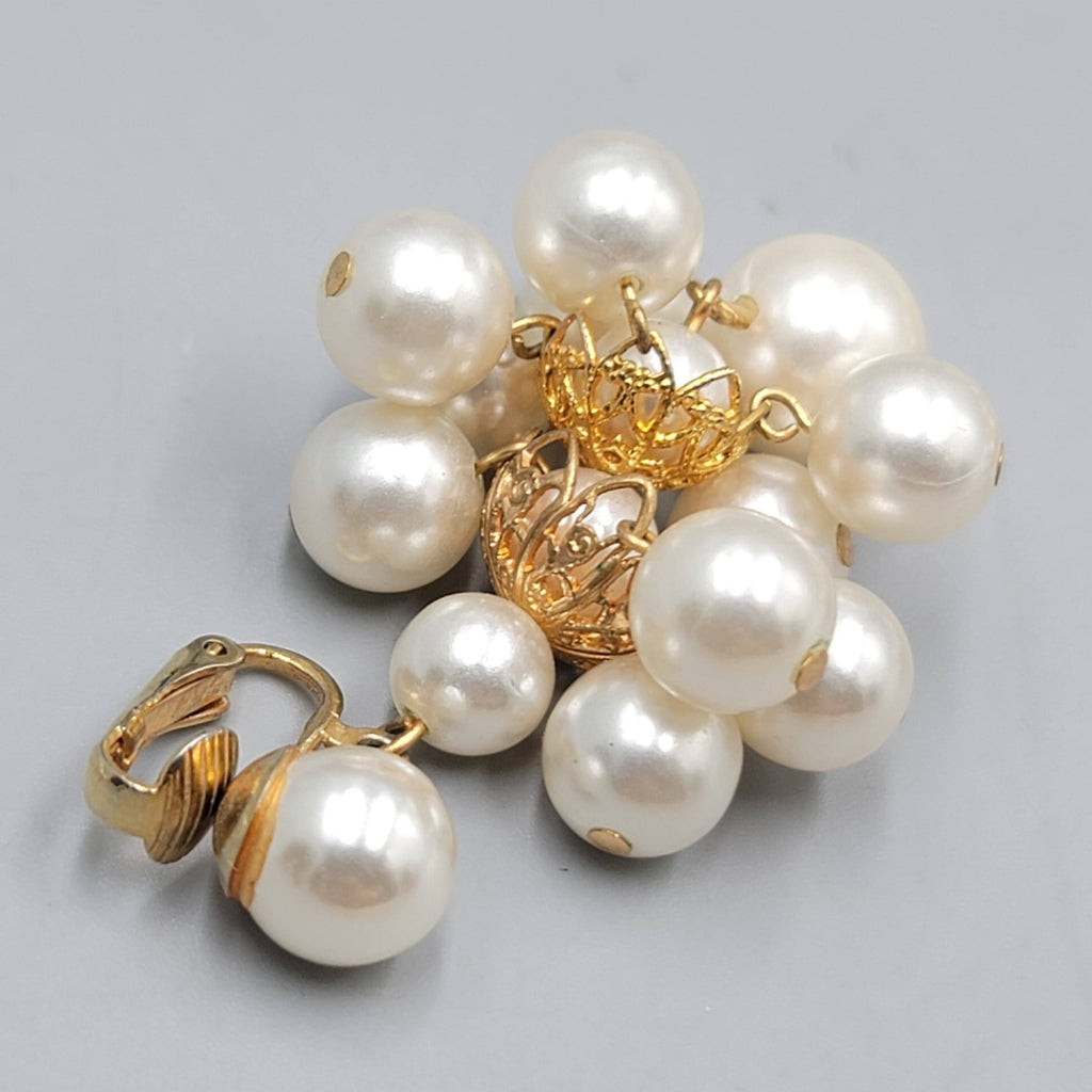 Vintage White Beaded Chandelier Clip on Earrings Gold tone Dangle 2 in