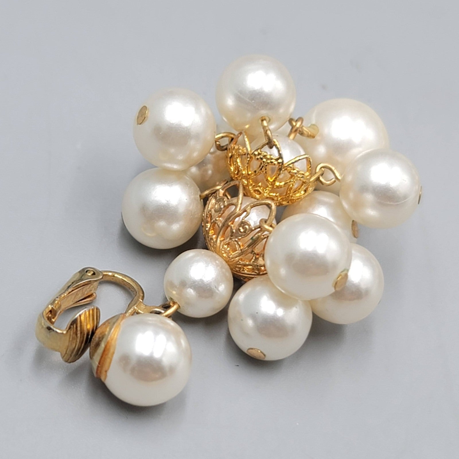 Vintage White Beaded Chandelier Clip on Earrings Gold tone Dangle 2 in