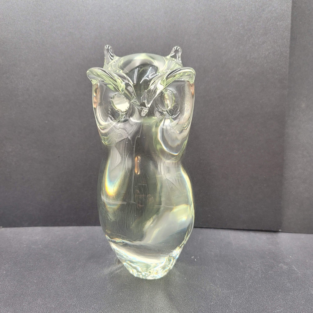 Vintage Solid Clear Glass Owl Figurine Hand Blown Mid Century 6.5" Rare Find